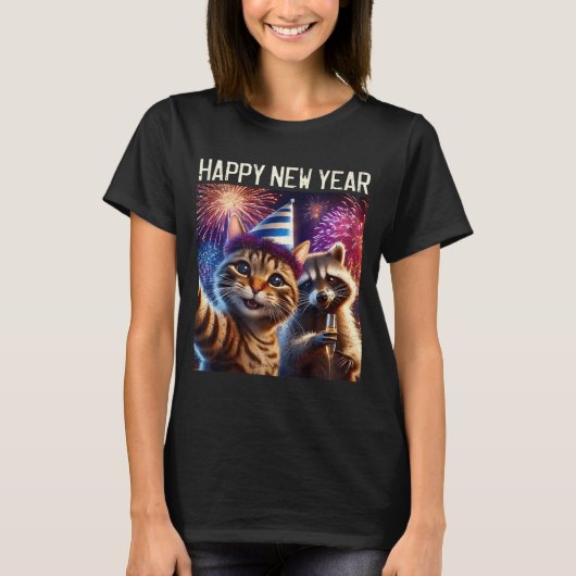 Happy New Year 2026 Cute Cat Raccoon Celebration  Tシャツ (正面)