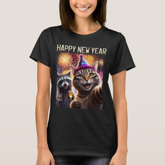 Happy New Year 2026 Cute Cat Raccoon Celebration  Tシャツ (正面)