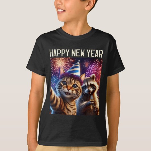 Happy New Year 2026 Cute Cat Raccoon Celebration  Tシャツ (正面)