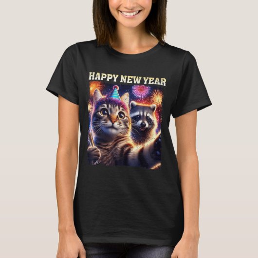 Happy New Year 2026 Cute Cat Raccoon Celebration  Tシャツ (正面)