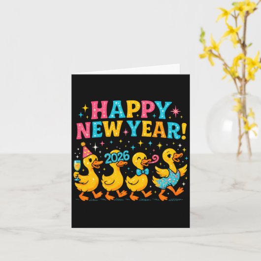 Happy New Year 2026 Cute Duck Party Gift Long Slee カード (黄色い花)