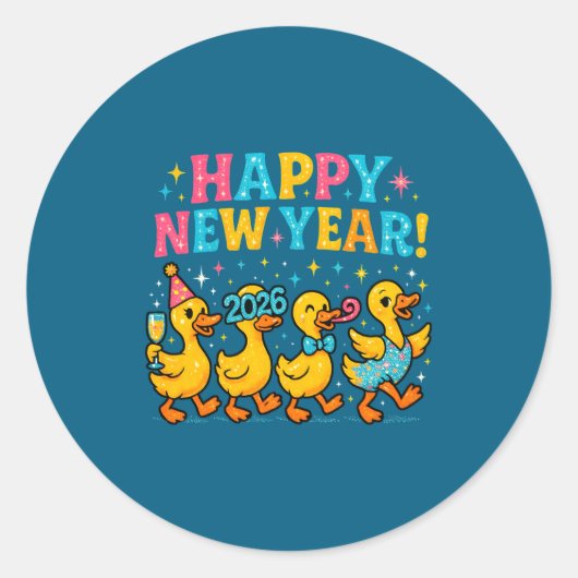 Happy New Year 2026 Cute Duck Party Gift Long Slee ラウンドシール (正面)