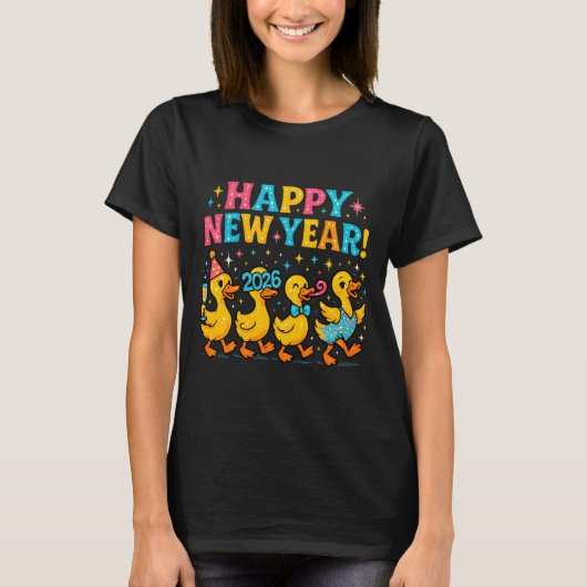 Happy New Year 2026 Cute Duck Party Gift Long Slee Tシャツ (正面)