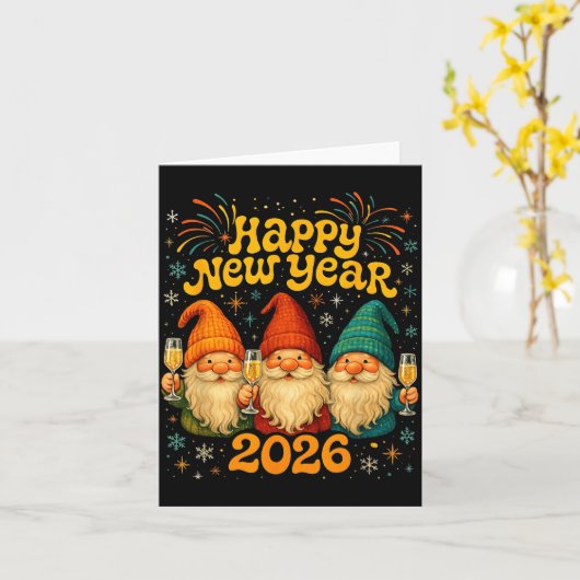 Happy New Year 2026 Cute Gnome Party Gift  カード (黄色い花)