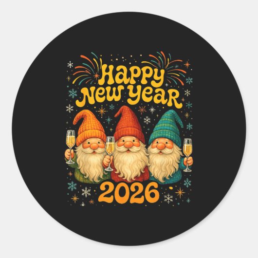 Happy New Year 2026 Cute Gnome Party Gift  ラウンドシール (正面)
