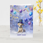 Happy New Year 2026 Cute Yellow Labrador Retriever カード (黄色い花)