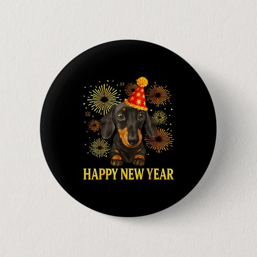 Happy New Year 2026 Dachshund Fireworks New Years 缶バッジ (正面)