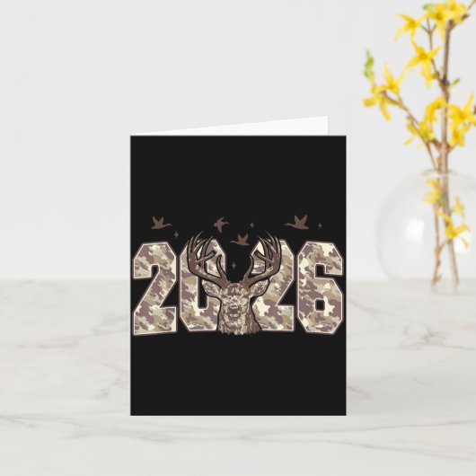 Happy New Year 2026 Deer Buck Hunting Camo Camoufl カード (黄色い花)