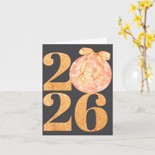 Happy New Year 2026 Disco Ball Coquette Bow New Ye カード (黄色い花)