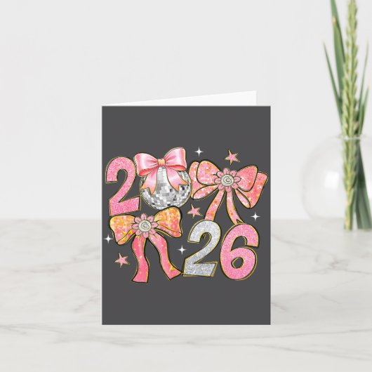 Happy New Year 2026 Disco Ball Coquette Bow New Ye カード (正面)