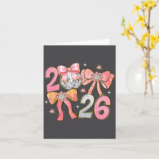 Happy New Year 2026 Disco Ball Coquette Bow New Ye カード (黄色い花)