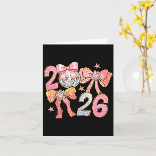 Happy New Year 2026 Disco Ball Coquette Bow New Ye カード (黄色い花)