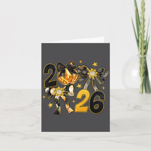 Happy New Year 2026 Disco Ball Coquette Bow New Ye カード (正面)
