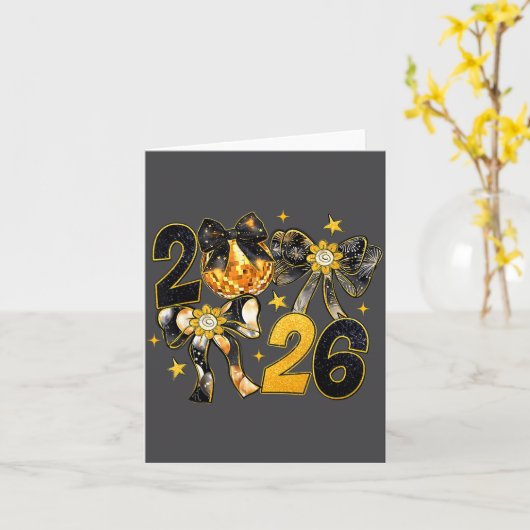 Happy New Year 2026 Disco Ball Coquette Bow New Ye カード (黄色い花)