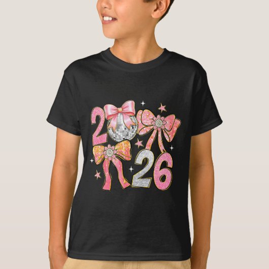 Happy New Year 2026 Disco Ball Coquette Bow New Ye Tシャツ (正面)