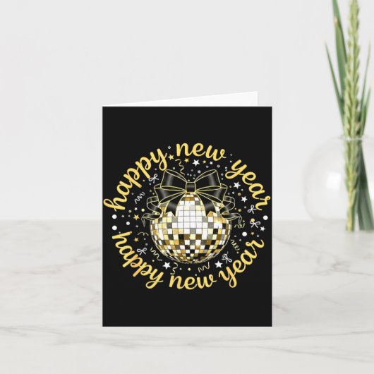 Happy New Year 2026 Disco Ball Gold Bow Coquette C カード (正面)