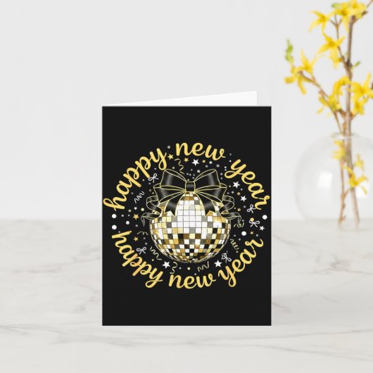 Happy New Year 2026 Disco Ball Gold Bow Coquette C カード (黄色い花)