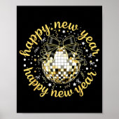 Happy New Year 2026 Disco Ball Gold Bow Coquette C ポスター (正面)