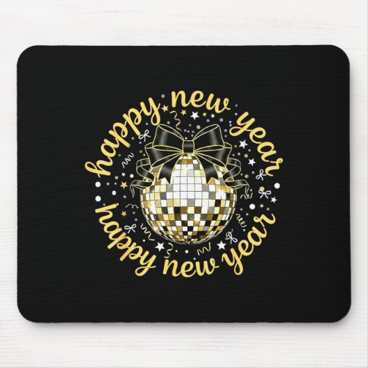 Happy New Year 2026 Disco Ball Gold Bow Coquette C マウスパッド (正面)