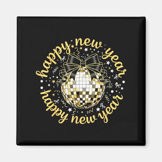 Happy New Year 2026 Disco Ball Gold Bow Coquette C マグネット (正面)