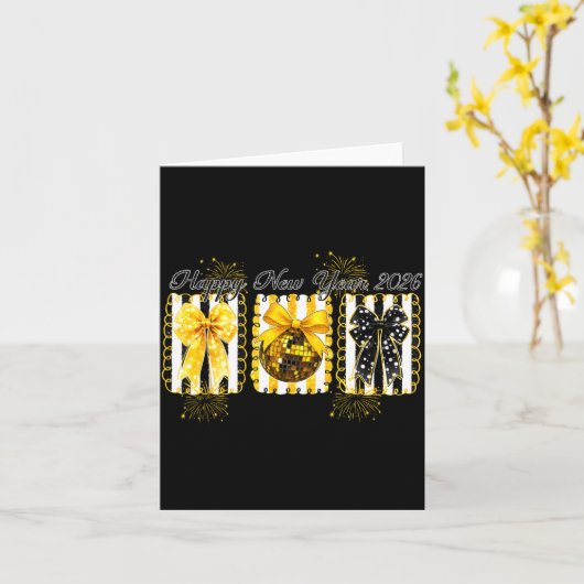 Happy New Year 2026 Disco Ball Gold Coquette Bow F カード (黄色い花)