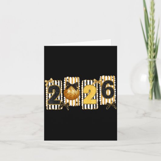 Happy New Year 2026 Disco Ball Gold Coquette Bow F カード (正面)
