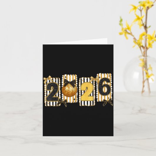 Happy New Year 2026 Disco Ball Gold Coquette Bow F カード (黄色い花)