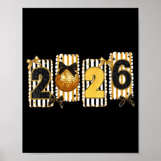 Happy New Year 2026 Disco Ball Gold Coquette Bow F ポスター (正面)