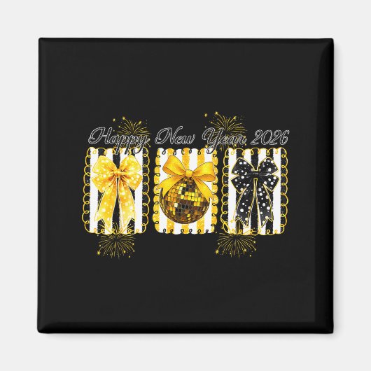 Happy New Year 2026 Disco Ball Gold Coquette Bow F マグネット (正面)