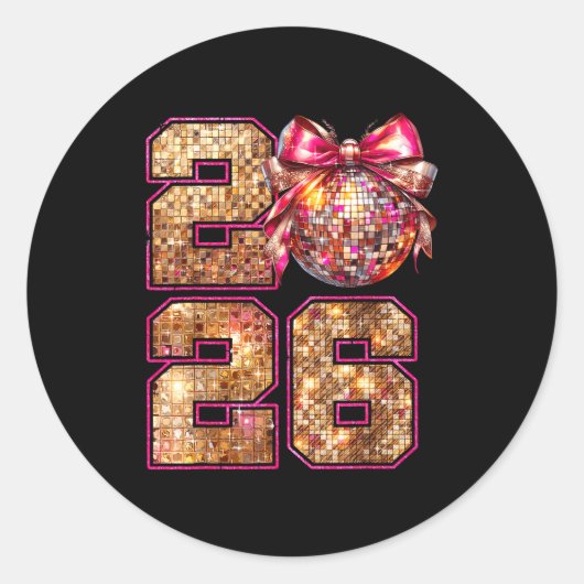 Happy New Year 2026 Disco Ball Nk Coquette Bow Fam ラウンドシール (正面)