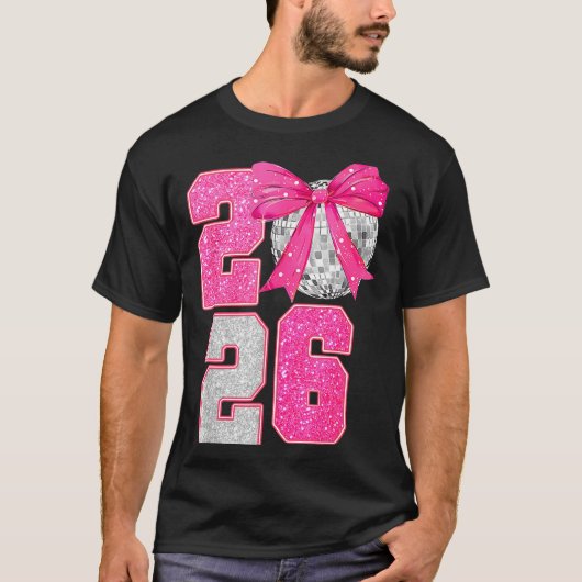 Happy New Year 2026 Disco Ball Nk Coquette Bow Fam Tシャツ (正面)