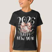 Happy New Year 2026 Disco Cute Bow Flower New Year Tシャツ (正面)