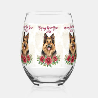 Happy New Year 2026 Dog Champagne Glass ステムなしワイングラス