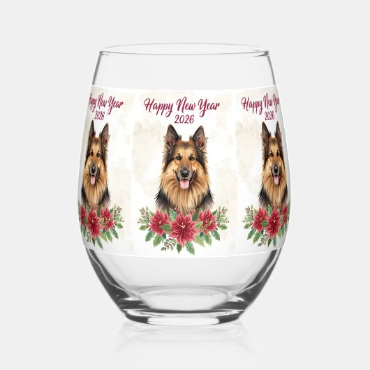 Happy New Year 2026 Dog Champagne Glass ステムなしワイングラス (正面)
