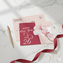 Happy New Year 2026 Elegant Floral Foil Postcard 箔シーズンポストカード