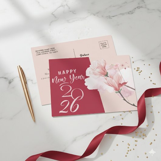 Happy New Year 2026 Elegant Floral Foil Postcard 箔シーズンポストカード