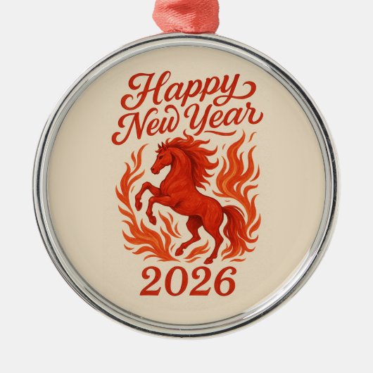 Happy New Year 2026 Fiery Horse メタルオーナメント (正面)