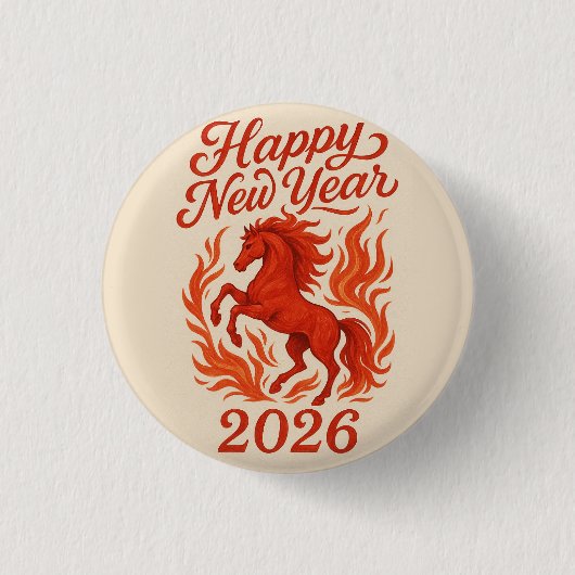 Happy New Year 2026 Fiery Horse 缶バッジ (正面)