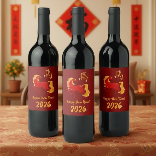 Happy New Year 2026 Fire Horse Chinese Zodiac ワインラベル