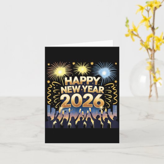 Happy New Year 2026 Fireworks Party Celebration  カード (黄色い花)