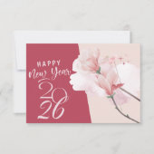 Happy New Year 2026 Floral Elegant Magnolia Design ノートカード (正面)