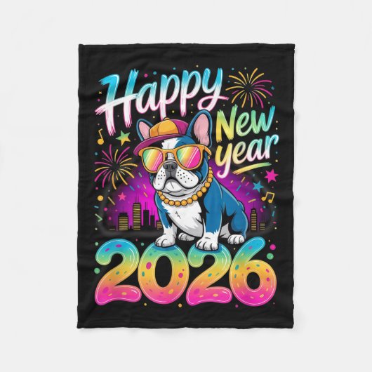 Happy New Year 2026 French Bulldog Fireworks Party フリースブランケット (正面)