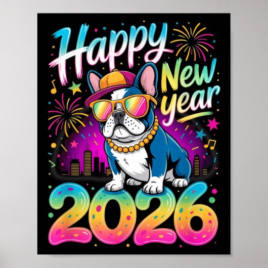 Happy New Year 2026 French Bulldog Fireworks Party ポスター (正面)