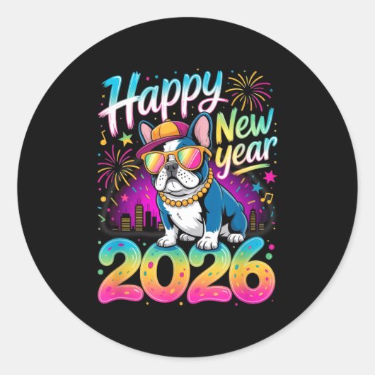 Happy New Year 2026 French Bulldog Fireworks Party ラウンドシール (正面)