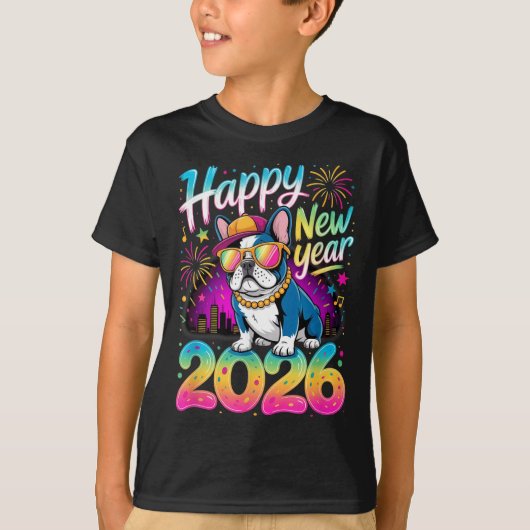 Happy New Year 2026 French Bulldog Fireworks Party Tシャツ (正面)