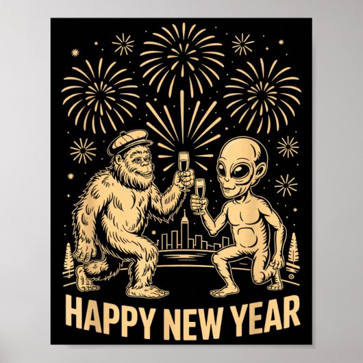 Happy New Year 2026 Funny Bigfoot And Alien Lovers ポスター (正面)