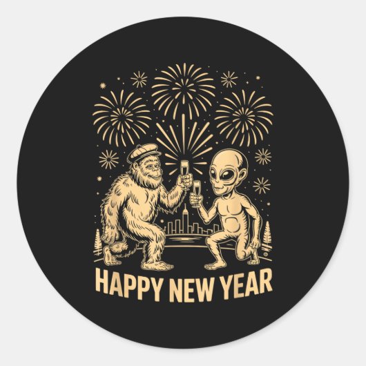 Happy New Year 2026 Funny Bigfoot And Alien Lovers ラウンドシール (正面)