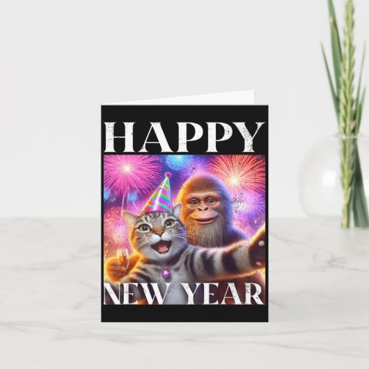 Happy New Year 2026 Funny Cat Bigfoot Party Art  カード (正面)