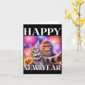 Happy New Year 2026 Funny Cat Bigfoot Party Art  カード (黄色い花)