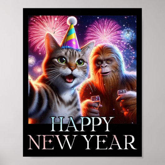 Happy New Year 2026 Funny Cat Bigfoot Party Art  ポスター (正面)